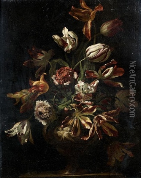 Bouquet De Fleur Dans Un Vase Sculpte Oil Painting - Antoine Monnoyer