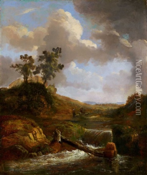 Hugelige Landschaft Mit Burg, Bach Und Hirten Oil Painting - Alexandre Calame