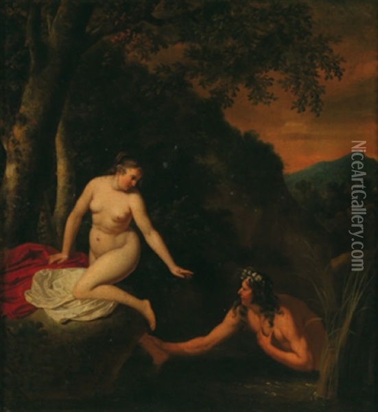 Mythologische Szene, Eine Badende Nymphe Am Ufer Eines Flusses Und Ein Flusgott Oil Painting - Jan van Neck