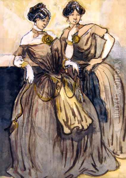 Two young women standing Oil Painting - Constantin Guys