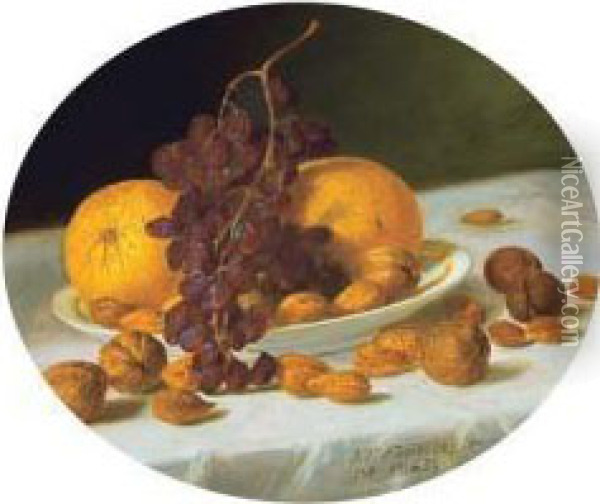 Still Life With Grapes, Oranges And Nuts - Still Life With Desserts And Wine Oil Painting - John Francis