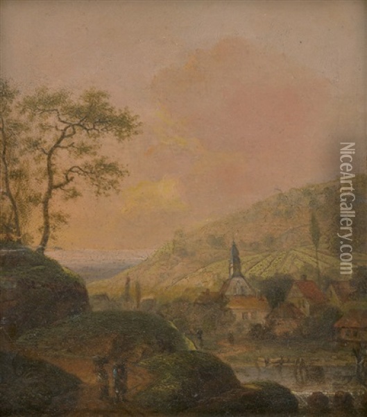 Dorf Zwischen Hugeln Bei Aufziehendem Gewitter; Dorf Zwischen Weinbergen Bei Abendlicht (2 Works) Oil Painting - Franz Kobell