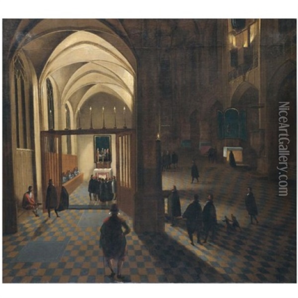 A Nocturnal Church Interior With Worshippers Gathering For Prayer Oil Painting - Peeter Neeffs the Elder