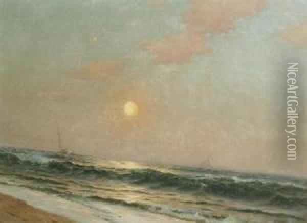 Ship In Moonlight Oil Painting - Warren W. Sheppard