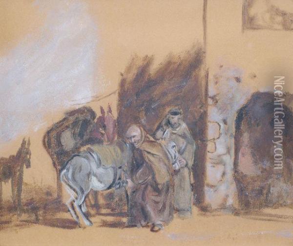 Zwei Monche Mit Ihren Reittieren Vor Einer Osteria Oil Painting - Heinrich Burkel