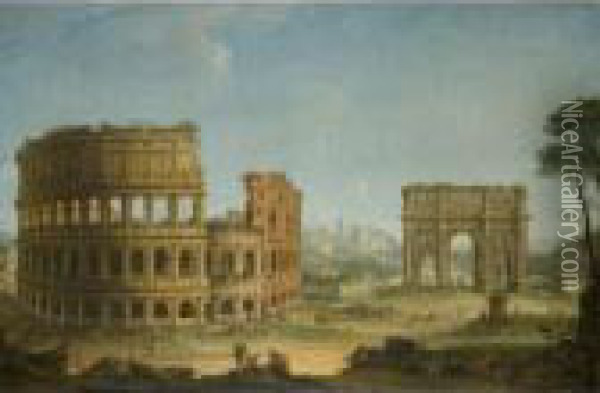Rome A View Of The Colosseum And
 The Arch Of Constantine With An Artist 
Sketching In The Right Foreground Oil Painting - Antonio Joli