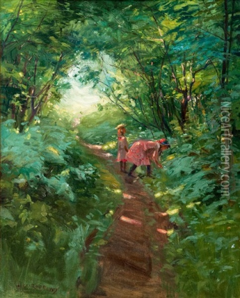 Girls In A Leafy Forest Oil Painting - Alexander Rapp