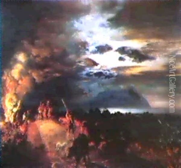 Nachtliches Feuer An Der Amalfi-kuste Oil Painting - Oswald Achenbach