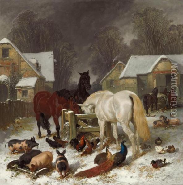A Barnyard In The Snow Oil Painting - John Frederick Herring Snr