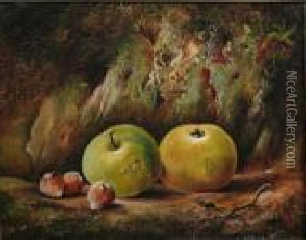 Still Life, Apples, Hazelnuts And A Beetle Oil Painting - Charles Thomas Bale