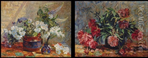 Natures Mortes Aux Fleurs (diptych) Oil Painting - Edmond De Maertelaere