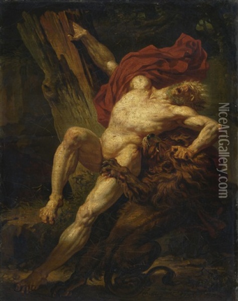 Milo Of Croton Attacked By A Lion Oil Painting - Charles Meynier