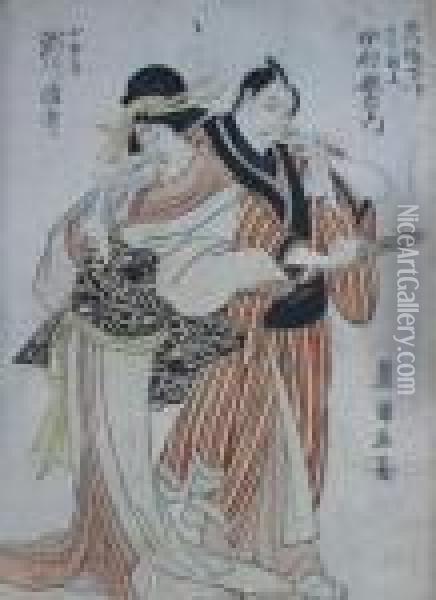 Samuri With Geisha Oil Painting - Toyokuni