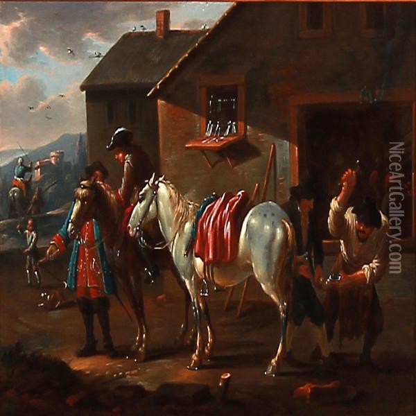The White Horse Is Being Shoed Oil Painting - August Querfurt
