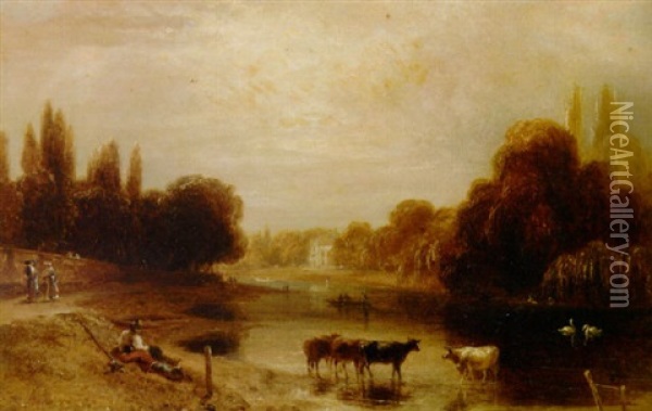 On The Thames Near Hampton Court Oil Painting - William Daniell
