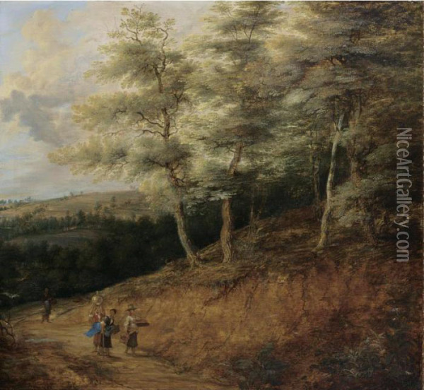 A Wooded Landscape With A Woman 
Carrying A Waterjug On A Path, Together With Other Women Carrying 
Baskets Nearby Oil Painting - Lucas Van Uden