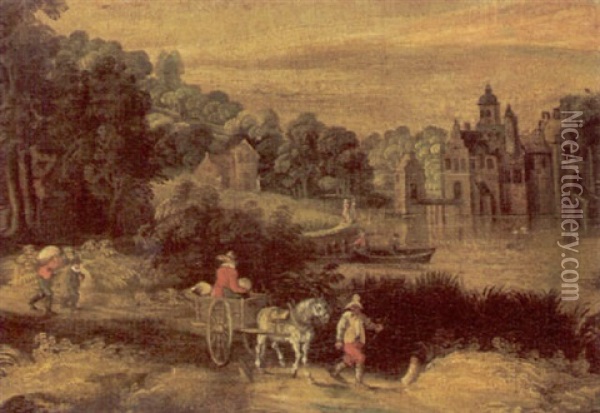 River Landscape With Waggoners On A Path, A Manor House Beyond Oil Painting - Frans de Momper