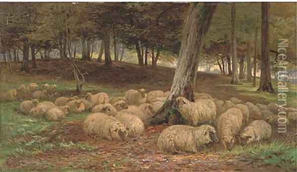 A flock of sheep in a woodland Oil Painting - Henry Garland