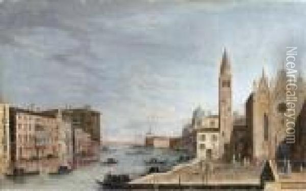 The Grand Canal, Venice, Looking
 East Towards The Dogana From The Campo Di San Vio, With The Palazzo 
Correr Oil Painting - Apollonio Domenichini