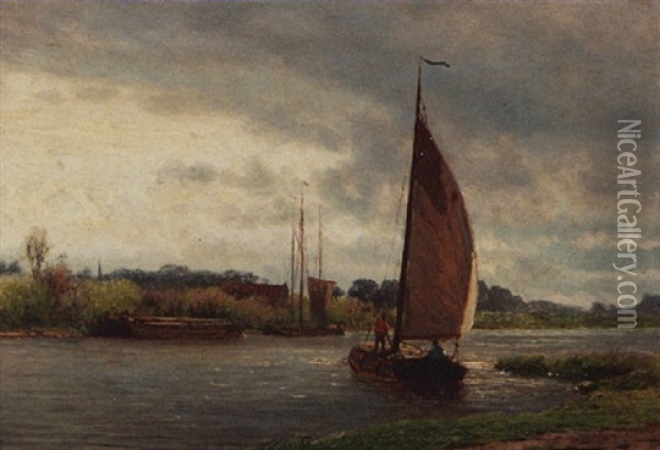 Ships In A Canal Oil Painting - Julius Jacobus Van De Sande Bakhuyzen