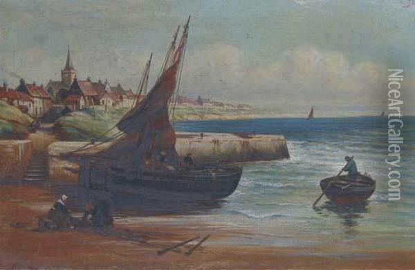 Unloading The Day's Catch On A 
Scottish Quayside; And Mending The Nets On The Scottish Coast Oil Painting - Alexander Young