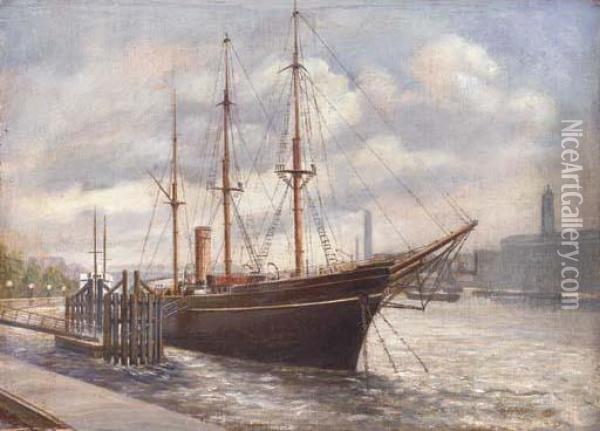 R.r.s. (national Antarctic Exploring Vessel) Discovery Moored Onthe Embankment Oil Painting - Gabriel Auguste Ancelet