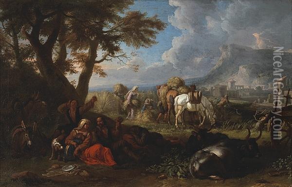 An Extensive Landscape With 
Harvesters Working In A Field And Others Resting Under A Tree Oil Painting - Pieter van Bloemen