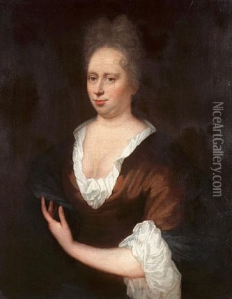 Portrait Of A Lady, Half-length, In A Brown Dress With A Blue Wrap Oil Painting - Nicolaes Maes