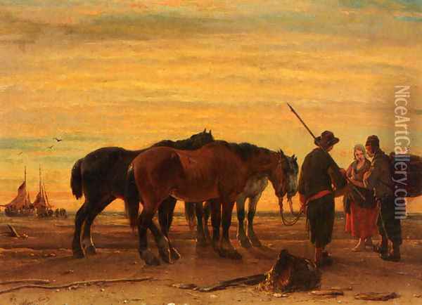 Fishermen With Their Horses On The Beach Oil Painting - Joseph Jodocus Moerenhout