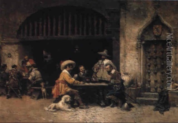 Card Players In A Bodega Oil Painting - Jose Benlliure Y Gil