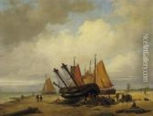 Docking Sailboats On The Dutch Coast. Signed And Dated Lower Left: E.koster 1842 Oil Painting - Everhardus Koster