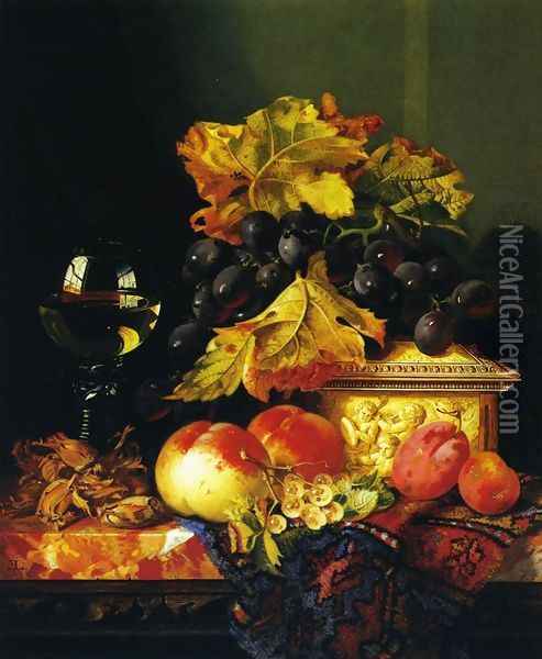 Black Grapes on a Carved Ivory Box, Peaches, Whitecurrants and Hazelnuts with a Hoch Glass on a Marble Ledge Oil Painting - Edward Ladell