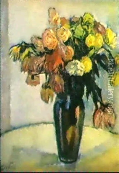 Herbstblumen In Brauner Vase Oil Painting - Leo Putz