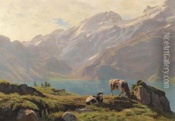 Le Lac D'oeschinen Oil Painting - Albert Lugardon