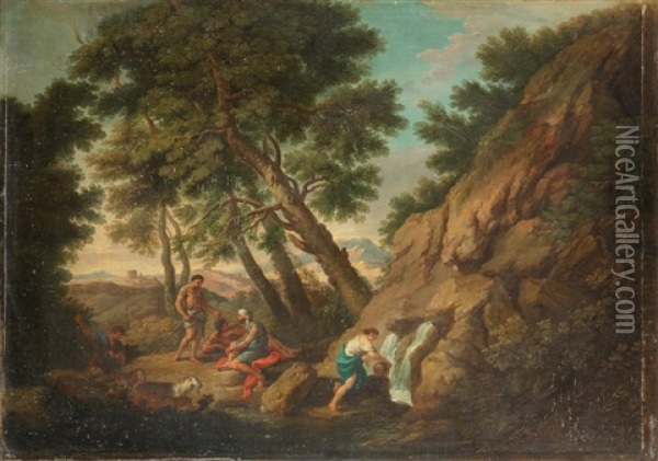 Classical Figures Resting In An Italianate Landscape With A Figure Drawing Water At A Waterfall Oil Painting - Andrea Locatelli