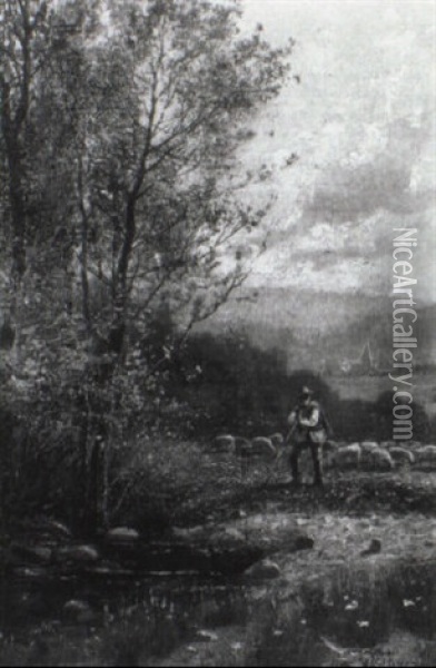 Schafer Mit Seiner Herde An Einem Teich Im Gebirgstal Oil Painting - Elmar von Eschwege