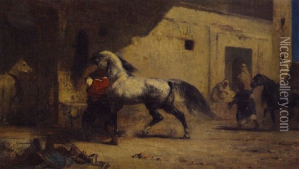 Chevaux Arabes Rentrant A L'ecurie Oil Painting - Eugene Fromentin