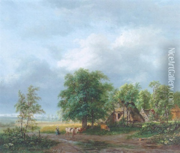 A Wooded Landscape With A Peasantwoman Driving Cows On A Country-road Along A Farmhouse Oil Painting - Jacobus Theodorus Abels