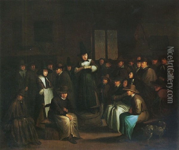 A Quakers' Meeting Oil Painting - Egbert van Heemskerck the Elder