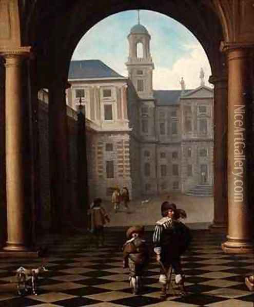 Elegant figures in a loggia at the entrance of a palace Oil Painting - Dirck Van Delen