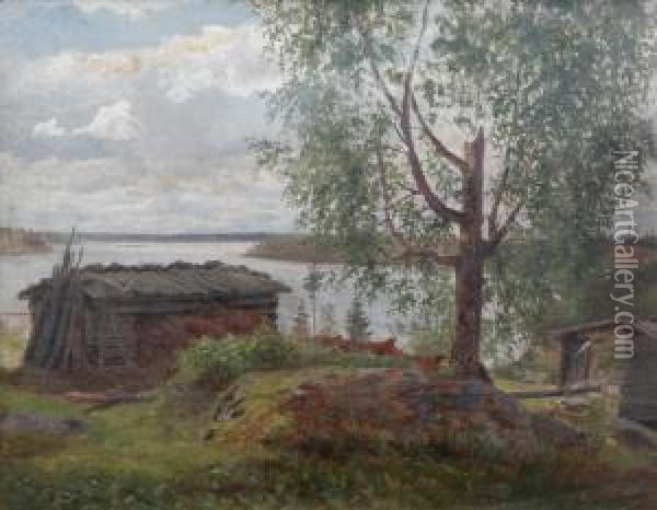 Insjolandskap Med Fabodar Oil Painting - Fredrik Ahlstedt