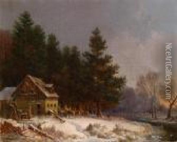 Wildfutterung In Einer Romanischen Winterlandschaft Oil Painting - Heinrich Burkel