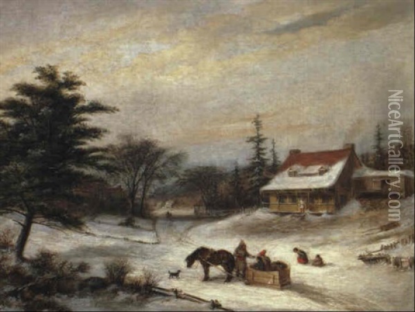 Habitant Farm In Winter Oil Painting - Cornelius David Krieghoff