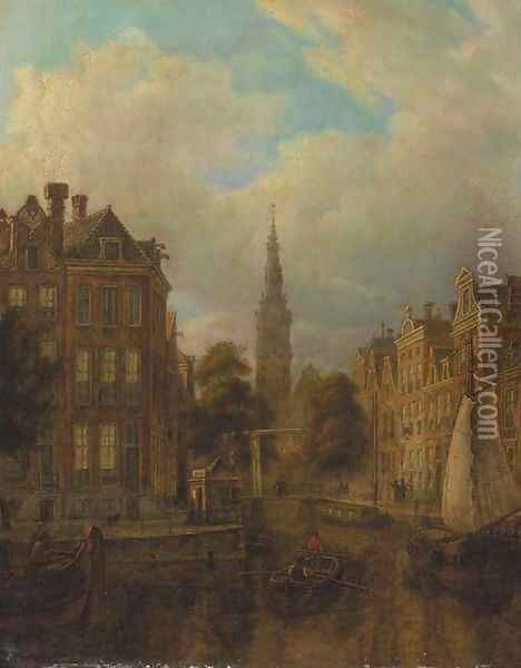 A view of a canal, Amsterdam with the Zuiderkerk towering Oil Painting - Hendrik Van Oort