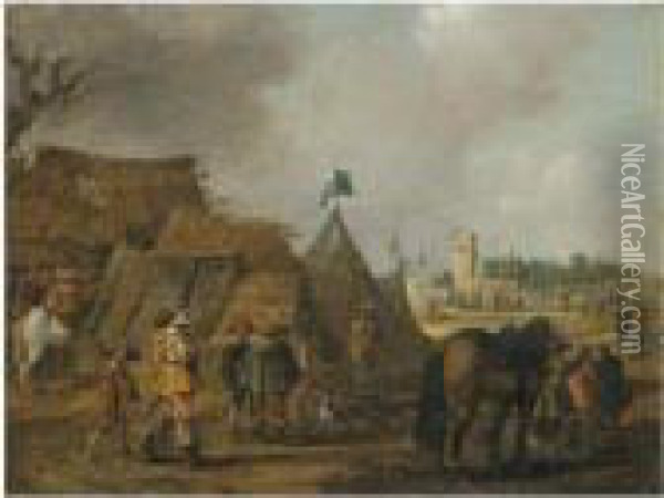 A Military Encampment With Cavaliers And Horses In The Foreground Oil Painting - Palamedes Palamedesz. (Stevaerts, Stevens)