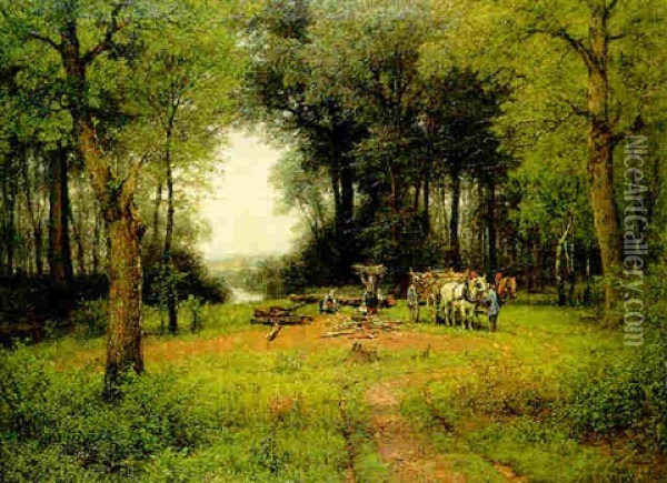 Faggot Gatherers In A Woodland Clearing Oil Painting - Hermann Pohle the Elder