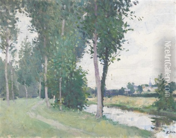Von Baumen Gesaumtes Flussufer Oil Painting - Hans (Jean) Iten