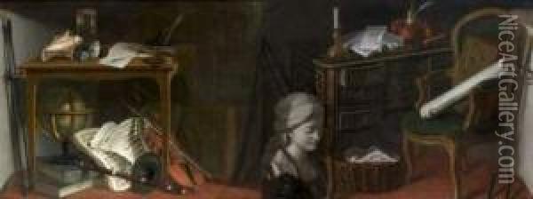 Objets De Curiosite Disposes Sur
 Une Table Qui Surmonte Une Mappemonde Et Des Instruments De Musique Oil Painting - Nicolas Henry Jeaurat De Bertry