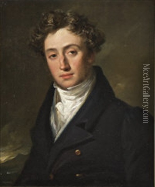Portrait Of The Artist's Son, Thos, Sawle Bennett, Wearing A Black Coat And White Cravat, A Seascape Beyond Oil Painting - William Mineard Bennett