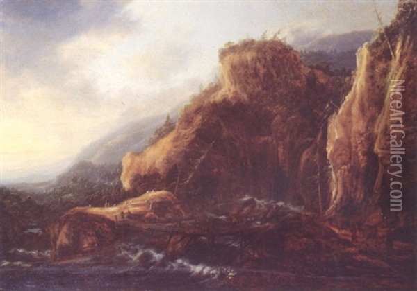 Travellers On A Footbridge Over A Torrent In A Mountainous Landscape Oil Painting - Gillis (Egidius I) Peeters